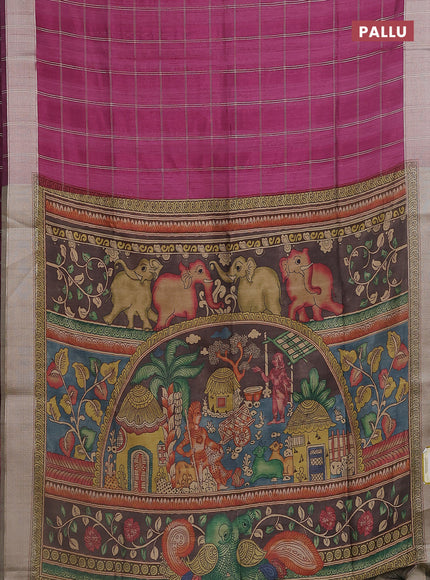 Semi dupion saree wine shade with allover zari checks pattern and madhubani printed pallu & blouse