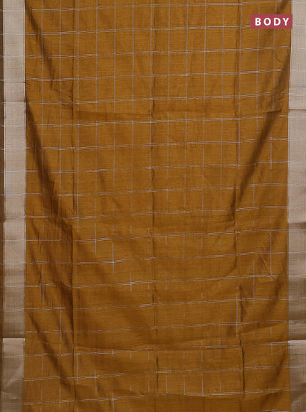 Semi dupion saree dark mustard with allover zari checks pattern and madhubani printed pallu & blouse