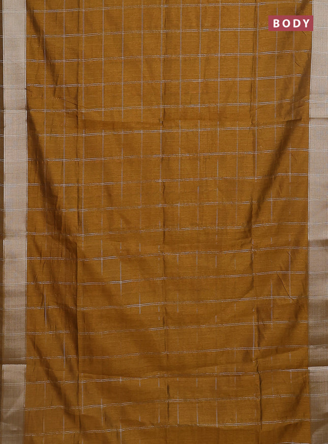 Semi dupion saree dark mustard with allover zari checks pattern and madhubani printed pallu & blouse