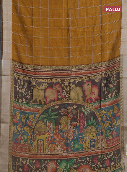 Semi dupion saree dark mustard with allover zari checks pattern and madhubani printed pallu & blouse