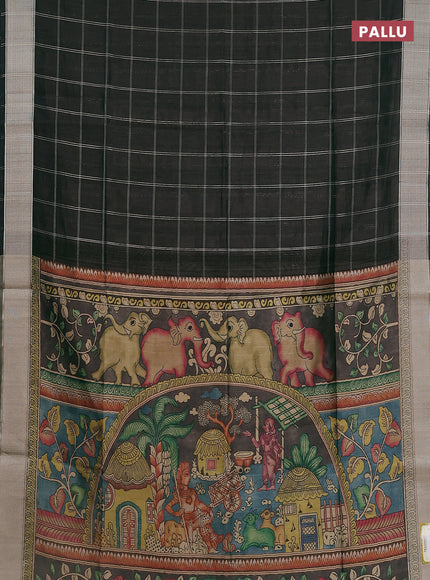 Semi dupion saree black with allover zari checks pattern and madhubani printed pallu & blouse