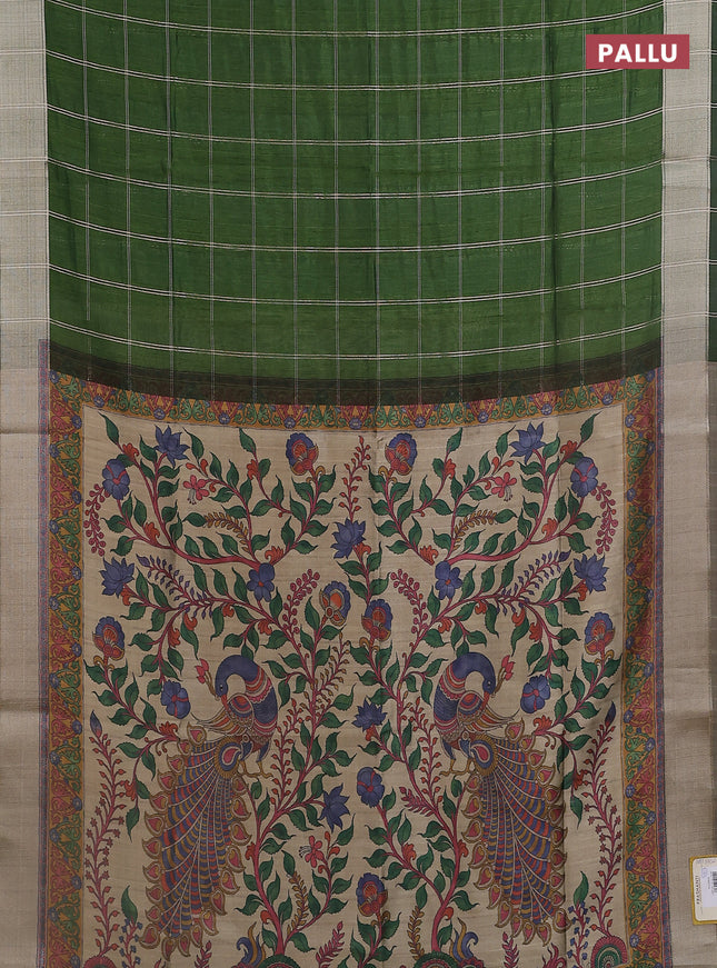 Semi dupion saree light green with allover zari checks pattern and madhubani printed pallu & blouse