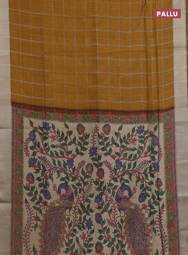 Semi dupion saree dark mustard with allover zari checks pattern and madhubani printed pallu & blouse