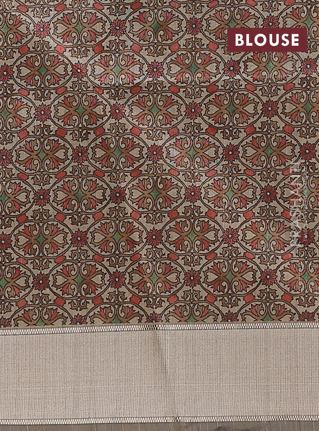 Semi dupion saree dark mustard with allover zari checks pattern and madhubani printed pallu & blouse