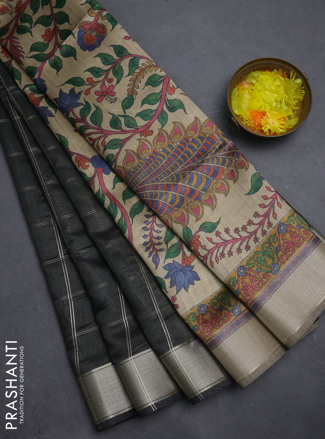 Semi dupion saree bottle green with allover zari checks pattern and madhubani printed pallu & blouse