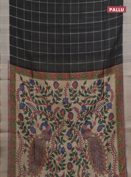 Semi dupion saree bottle green with allover zari checks pattern and madhubani printed pallu & blouse
