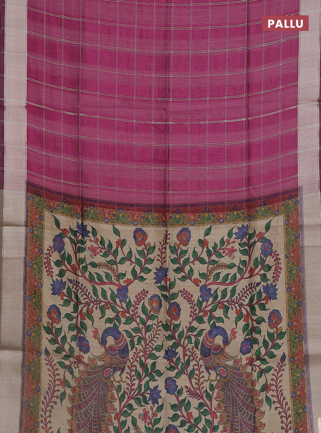 Semi dupion saree wine shade with allover zari checks pattern and madhubani printed pallu & blouse