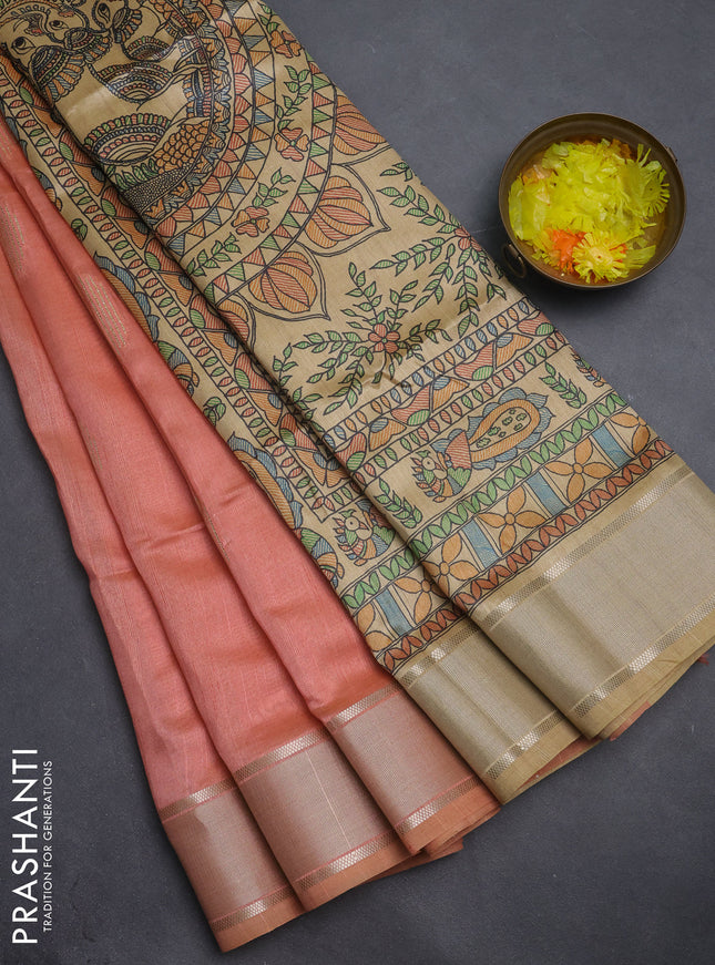 Semi dupion saree pale orange with zari woven buttas and madhubani printed pallu & blouse