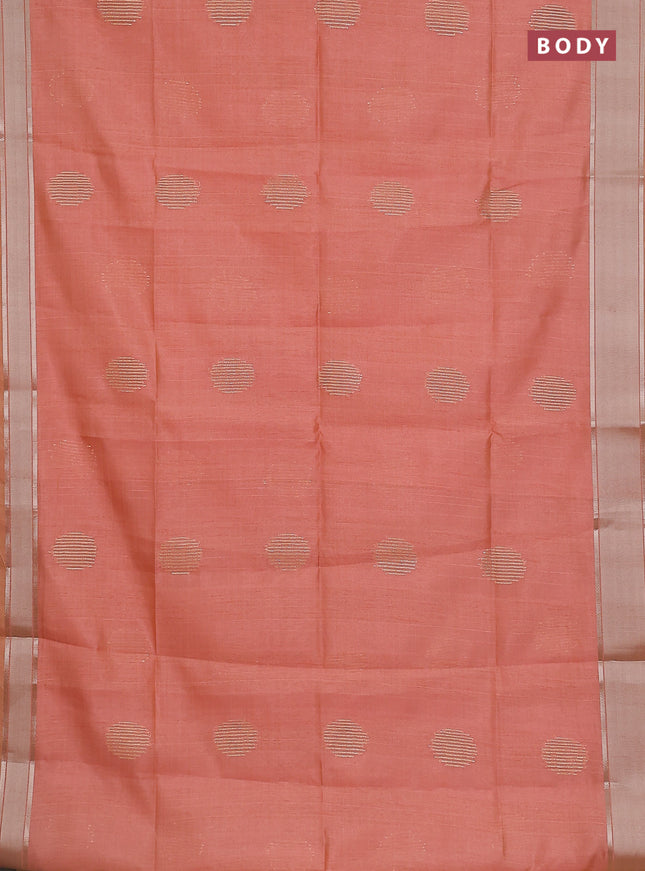 Semi dupion saree pale orange with zari woven buttas and madhubani printed pallu & blouse