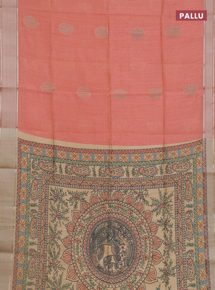 Semi dupion saree pale orange with zari woven buttas and madhubani printed pallu & blouse