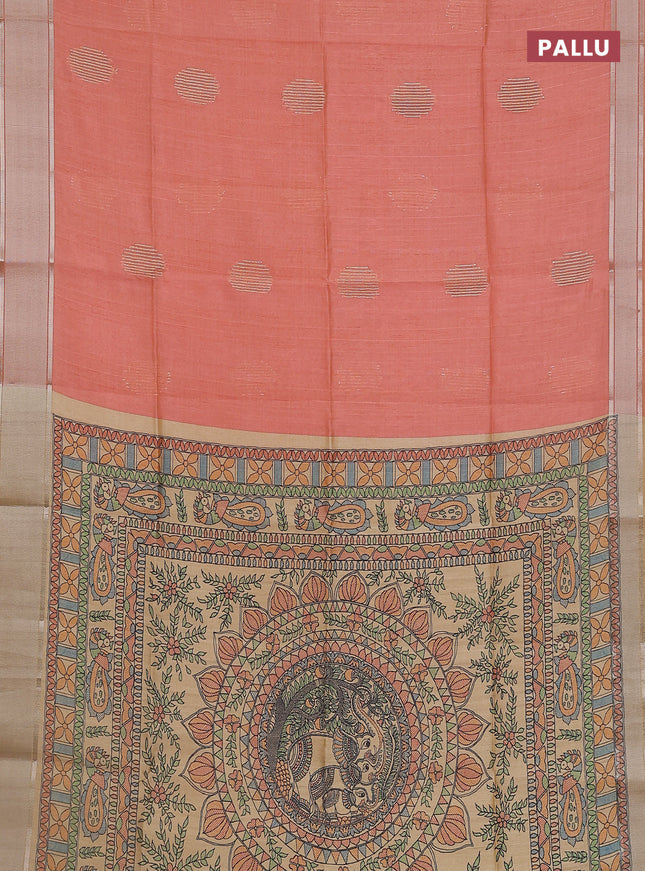 Semi dupion saree pale orange with zari woven buttas and madhubani printed pallu & blouse
