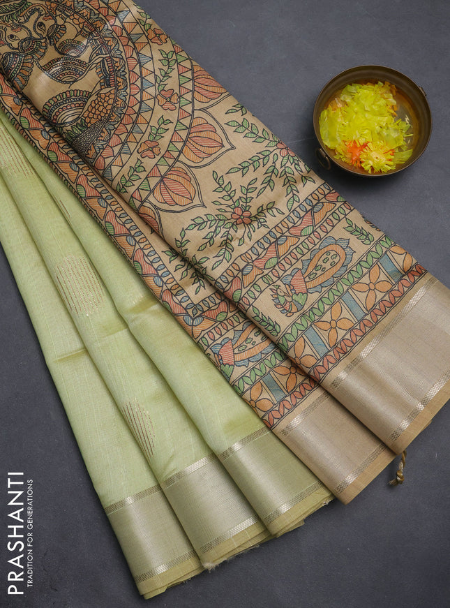 Semi dupion saree pista green with zari woven buttas and madhubani printed pallu & blouse