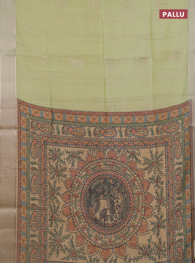 Semi dupion saree pista green with zari woven buttas and madhubani printed pallu & blouse