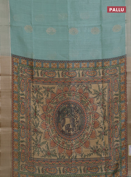 Semi dupion saree teal green with zari woven buttas and madhubani printed pallu & blouse