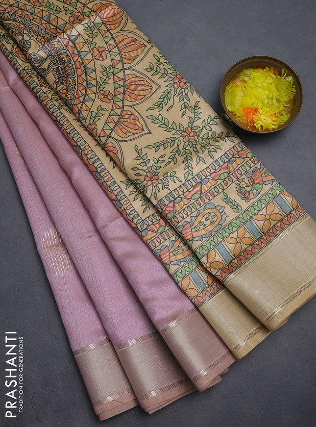 Semi dupion saree pastel pink with zari woven buttas and madhubani printed pallu & blouse