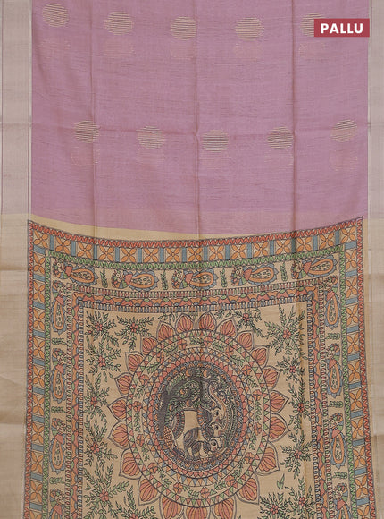 Semi dupion saree pastel pink with zari woven buttas and madhubani printed pallu & blouse