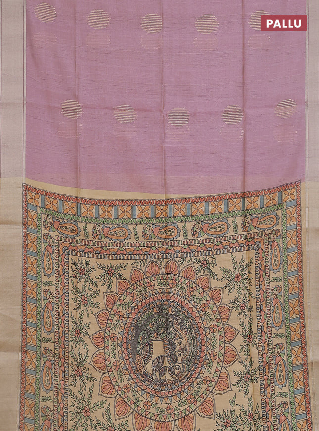 Semi dupion saree pastel pink with zari woven buttas and madhubani printed pallu & blouse