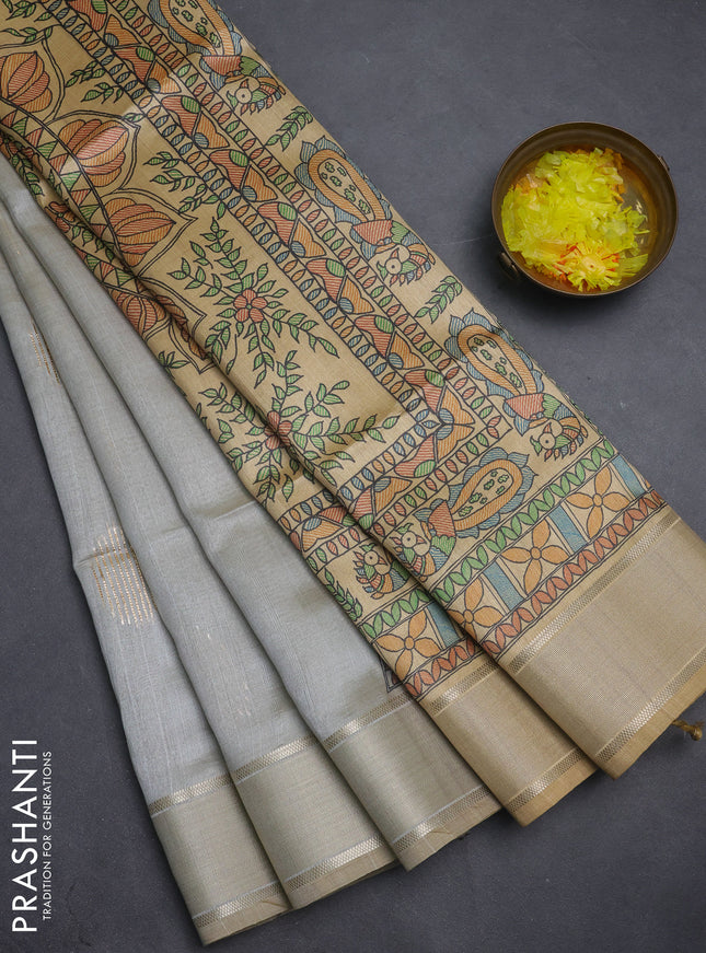 Semi dupion saree pastel grey with zari woven buttas and madhubani printed pallu & blouse