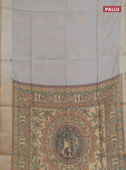 Semi dupion saree pastel grey with zari woven buttas and madhubani printed pallu & blouse