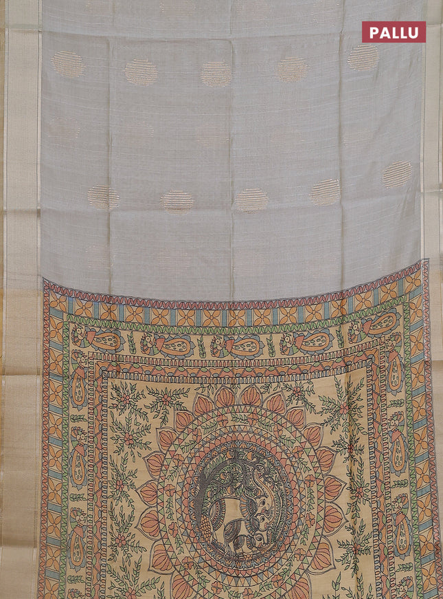 Semi dupion saree pastel grey with zari woven buttas and madhubani printed pallu & blouse