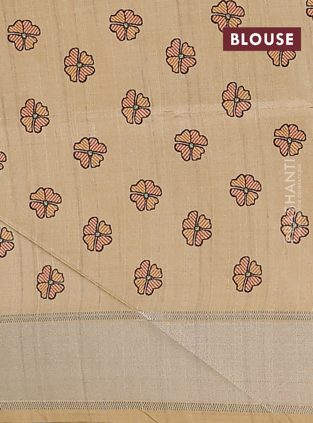 Semi dupion saree pastel grey with zari woven buttas and madhubani printed pallu & blouse