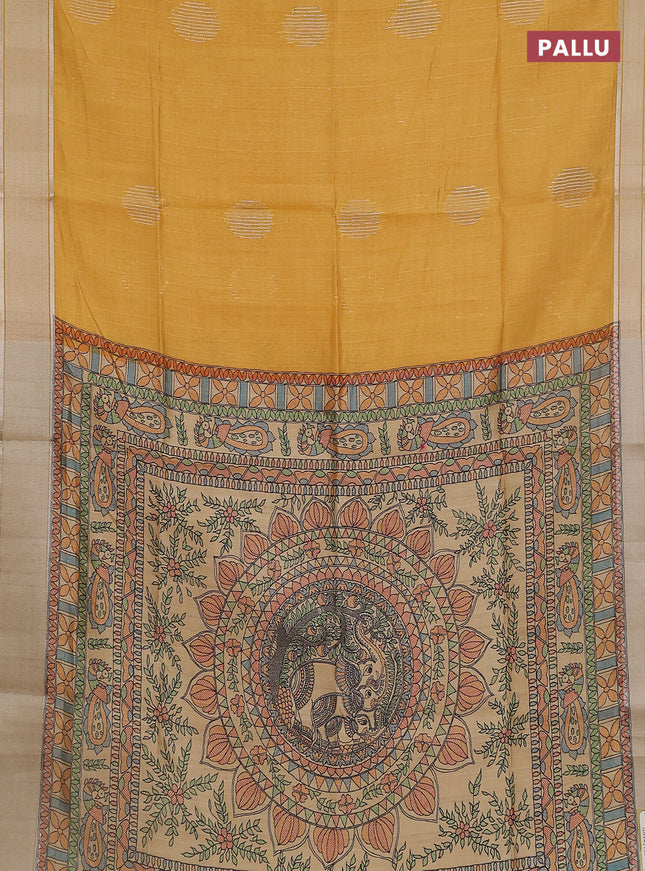 Semi dupion saree mustard yellow with zari woven buttas and madhubani printed pallu & blouse