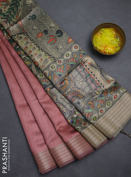 Semi dupion saree peach pink with plain body and madhubani printed pallu & kantha stitch work