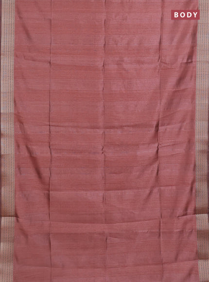 Semi dupion saree peach pink with plain body and madhubani printed pallu & kantha stitch work