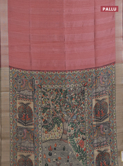 Semi dupion saree peach pink with plain body and madhubani printed pallu & kantha stitch work