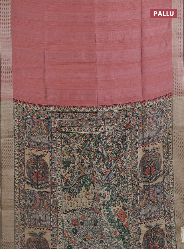 Semi dupion saree peach pink with plain body and madhubani printed pallu & kantha stitch work