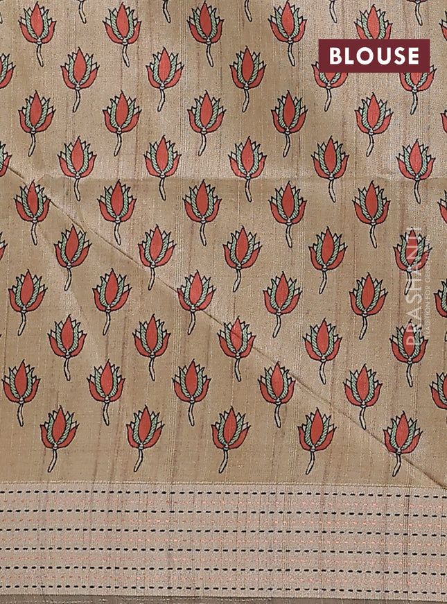 Semi dupion saree peach pink with plain body and madhubani printed pallu & kantha stitch work