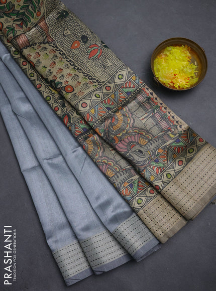 Semi dupion saree grey with plain body and madhubani printed pallu & kantha stitch work