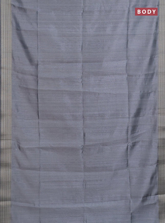 Semi dupion saree grey with plain body and madhubani printed pallu & kantha stitch work