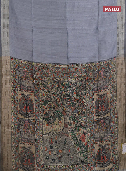 Semi dupion saree grey with plain body and madhubani printed pallu & kantha stitch work