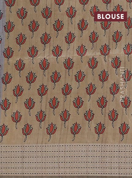 Semi dupion saree grey with plain body and madhubani printed pallu & kantha stitch work