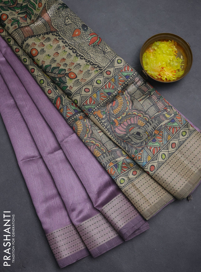 Semi dupion saree purple with plain body and madhubani printed pallu & kantha stitch work
