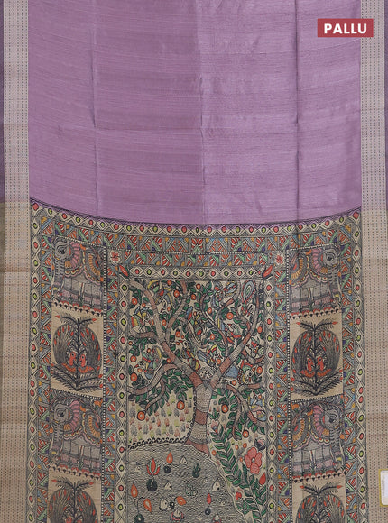 Semi dupion saree purple with plain body and madhubani printed pallu & kantha stitch work