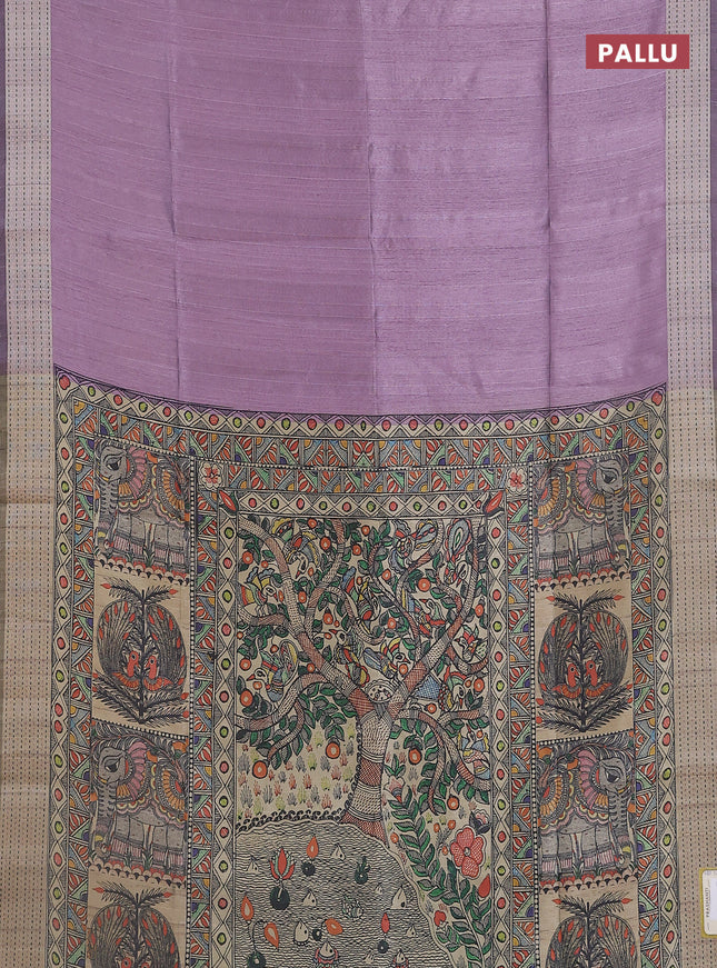 Semi dupion saree purple with plain body and madhubani printed pallu & kantha stitch work