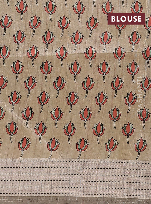 Semi dupion saree purple with plain body and madhubani printed pallu & kantha stitch work