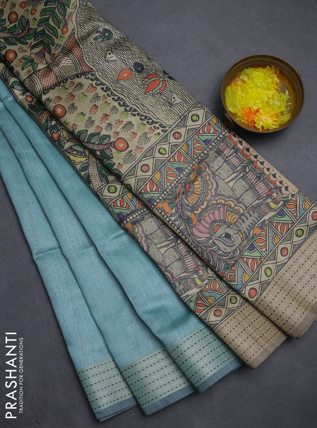 Semi dupion saree teal green with plain body and madhubani printed pallu & kantha stitch work