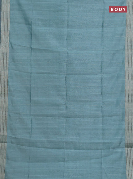 Semi dupion saree teal green with plain body and madhubani printed pallu & kantha stitch work