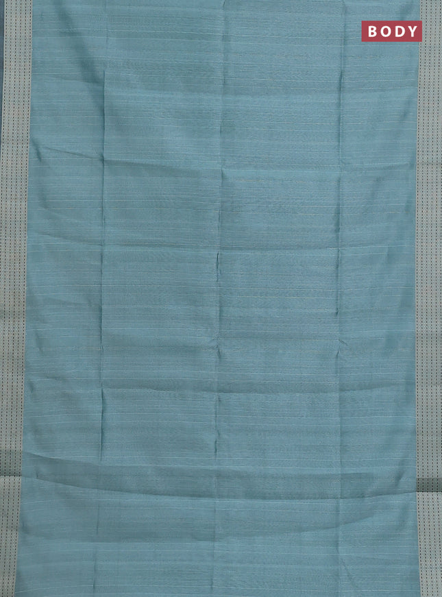 Semi dupion saree teal green with plain body and madhubani printed pallu & kantha stitch work