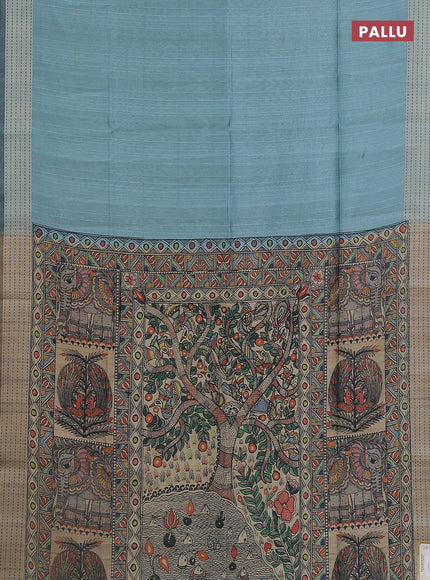 Semi dupion saree teal green with plain body and madhubani printed pallu & kantha stitch work