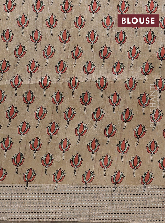 Semi dupion saree teal green with plain body and madhubani printed pallu & kantha stitch work