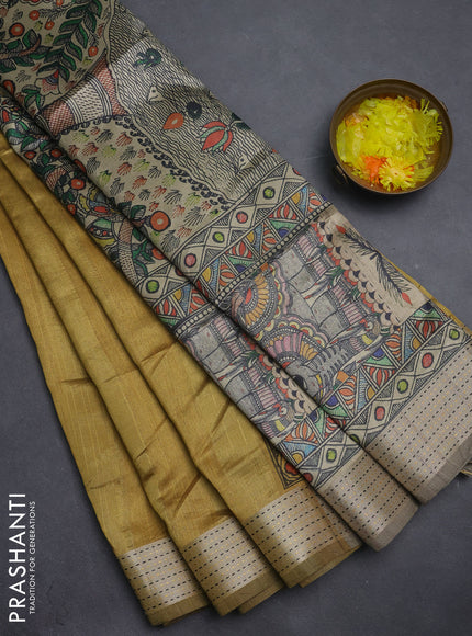 Semi dupion saree dark mustard with plain body and madhubani printed pallu & kantha stitch work