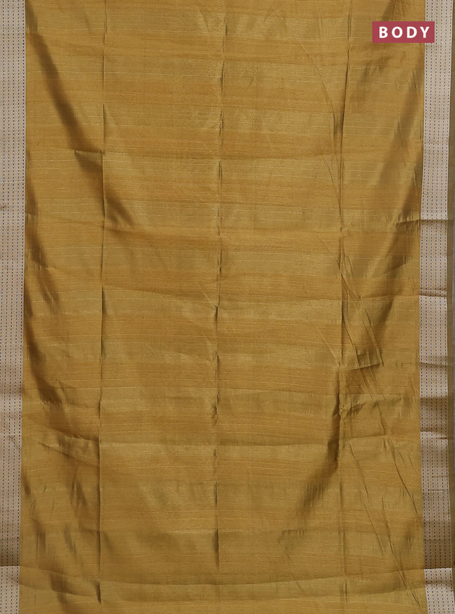 Semi dupion saree dark mustard with plain body and madhubani printed pallu & kantha stitch work