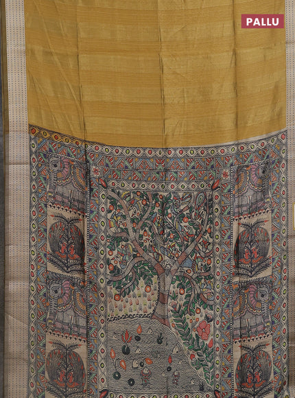 Semi dupion saree dark mustard with plain body and madhubani printed pallu & kantha stitch work