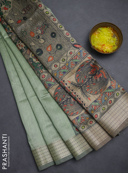 Semi dupion saree pastel green with plain body and madhubani printed pallu & kantha stitch work