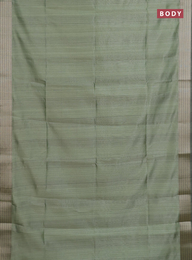 Semi dupion saree pastel green with plain body and madhubani printed pallu & kantha stitch work