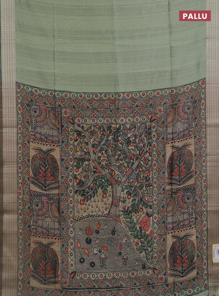 Semi dupion saree pastel green with plain body and madhubani printed pallu & kantha stitch work